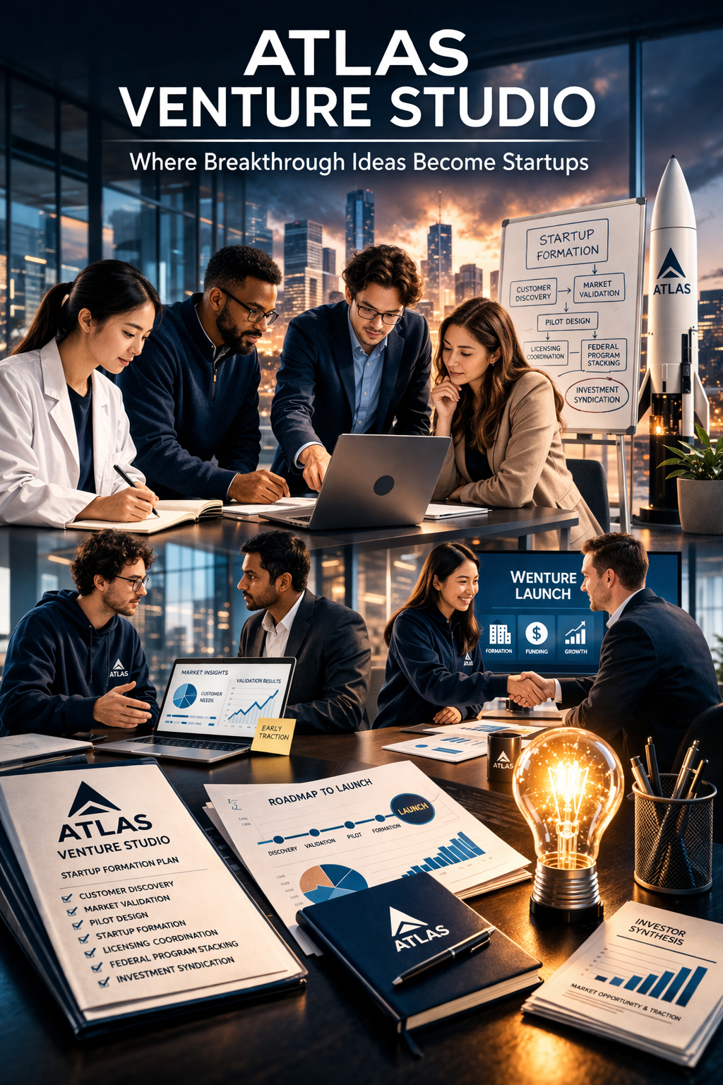 ATLAS Venture Studio: startup formation from customer discovery and market validation through licensing, federal programs, and investment—where breakthrough ideas become startups.