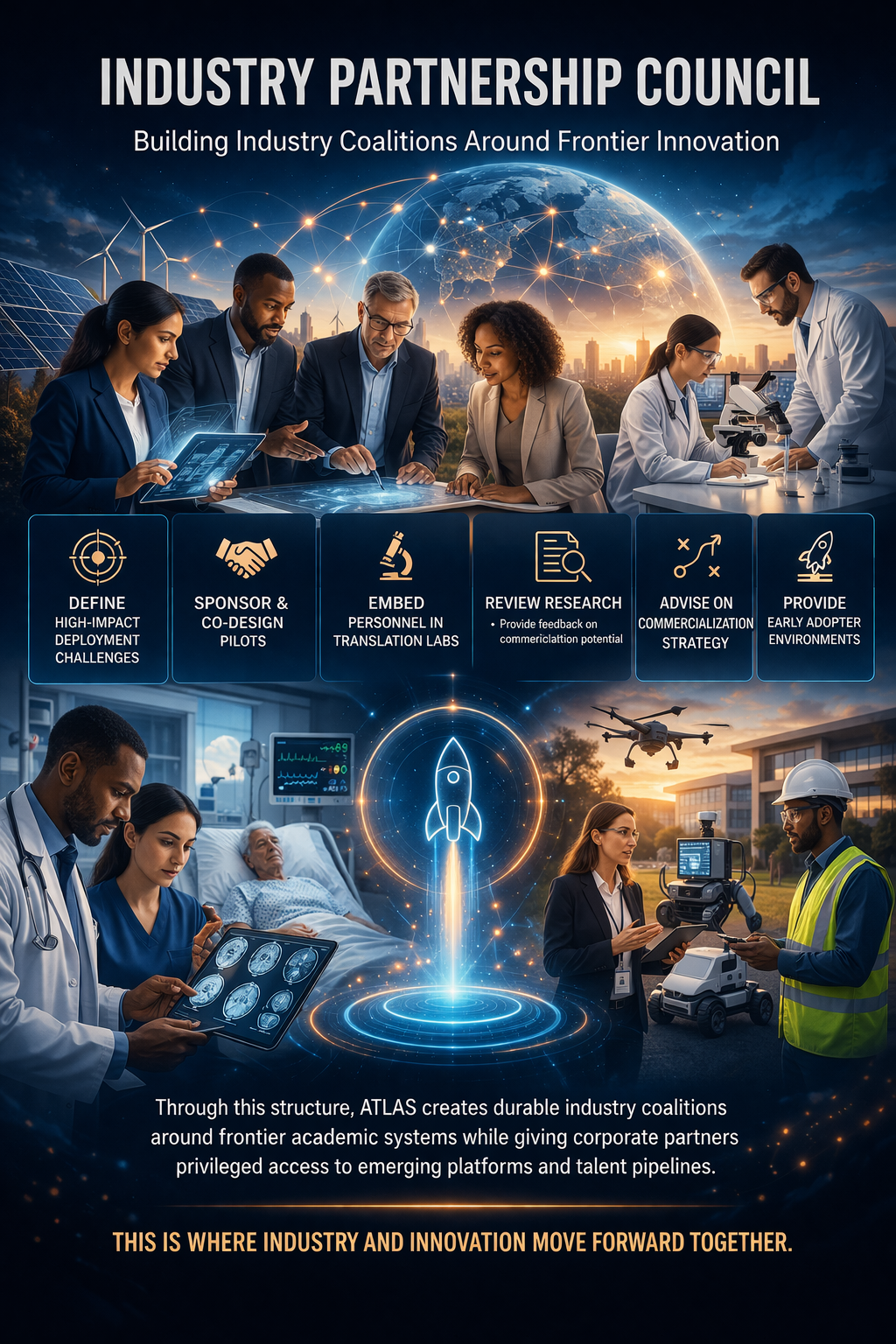 Industry Partnership Council: building industry coalitions around frontier innovation—deployment challenges, pilots, Translation Labs, strategy, and early adopter environments.