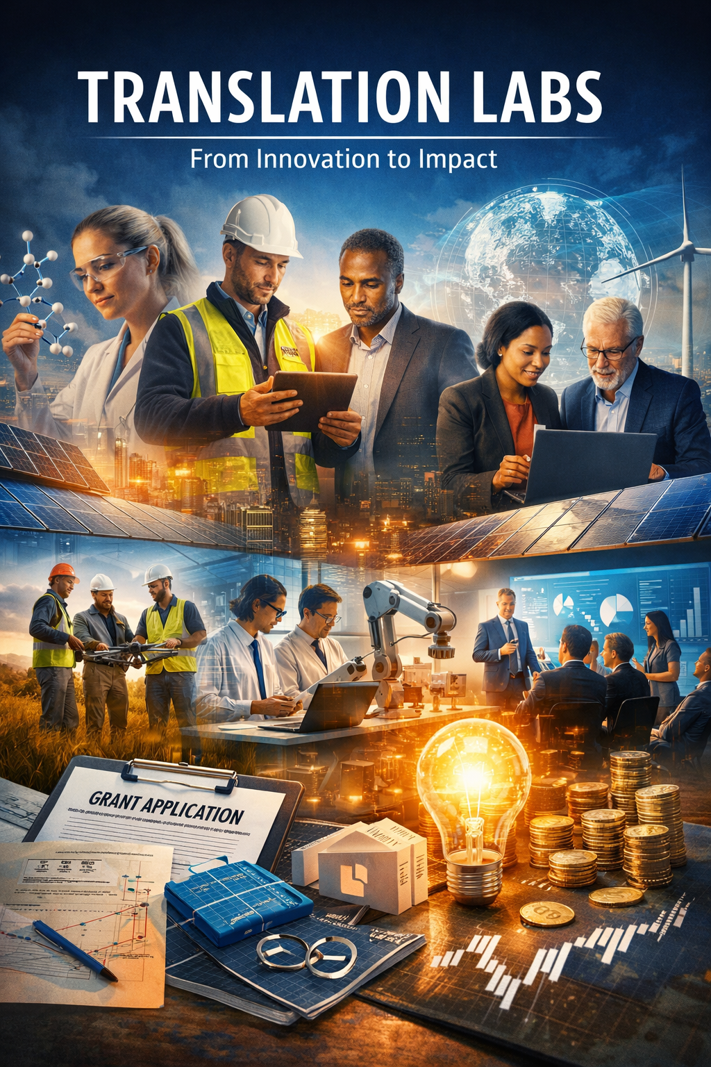Translation Labs illustration: research, industry, and deployment—from innovation to impact, including collaboration, pilots, and grant pathways.